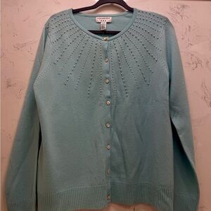🌸Y2K Covington 100% Cashmere Beaded Cardigan – Robin’s Egg Blue – Size L (14–16)